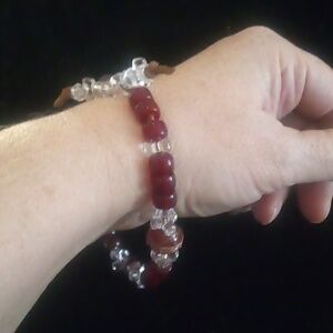 Handmade Gold Painted Burgundy Glass Beads on Leather Bracelet